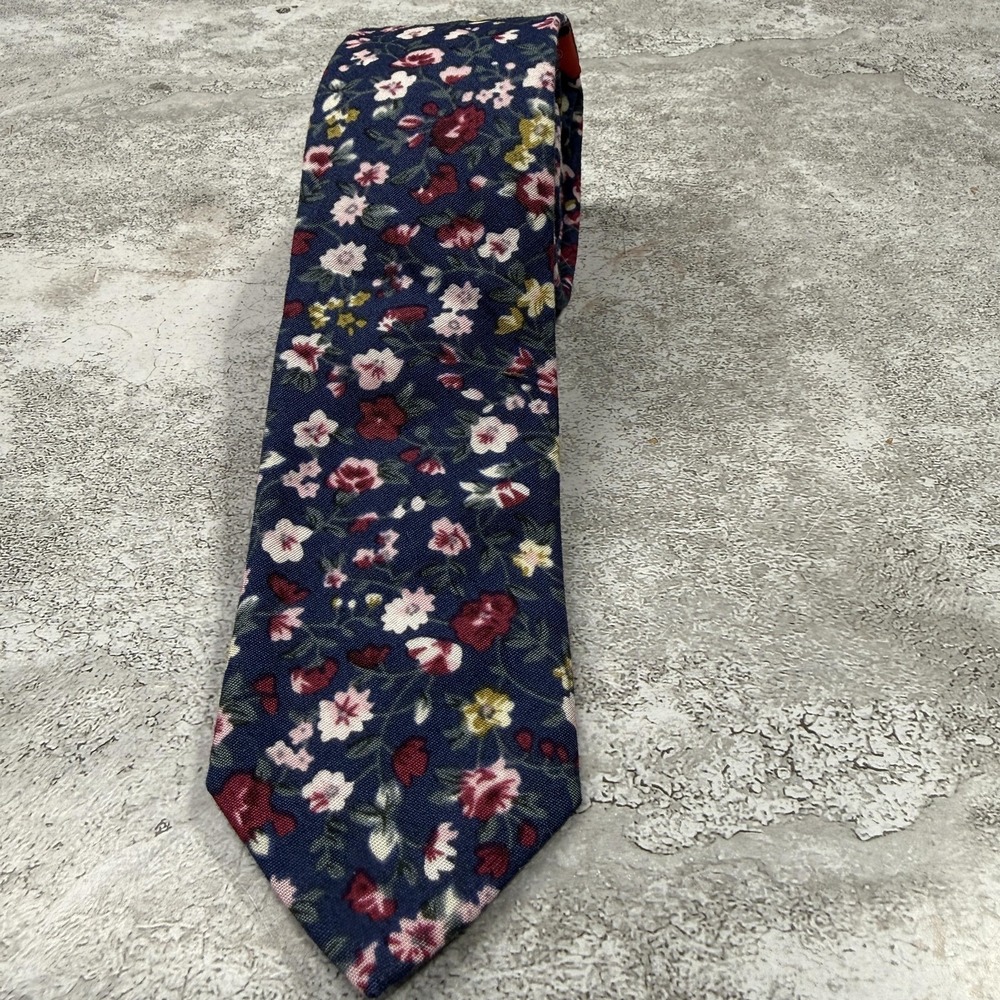 Brand Q Tie‎ Mens One Size Blue Floral 100% Cotton Skinny Slim Necktie Dress